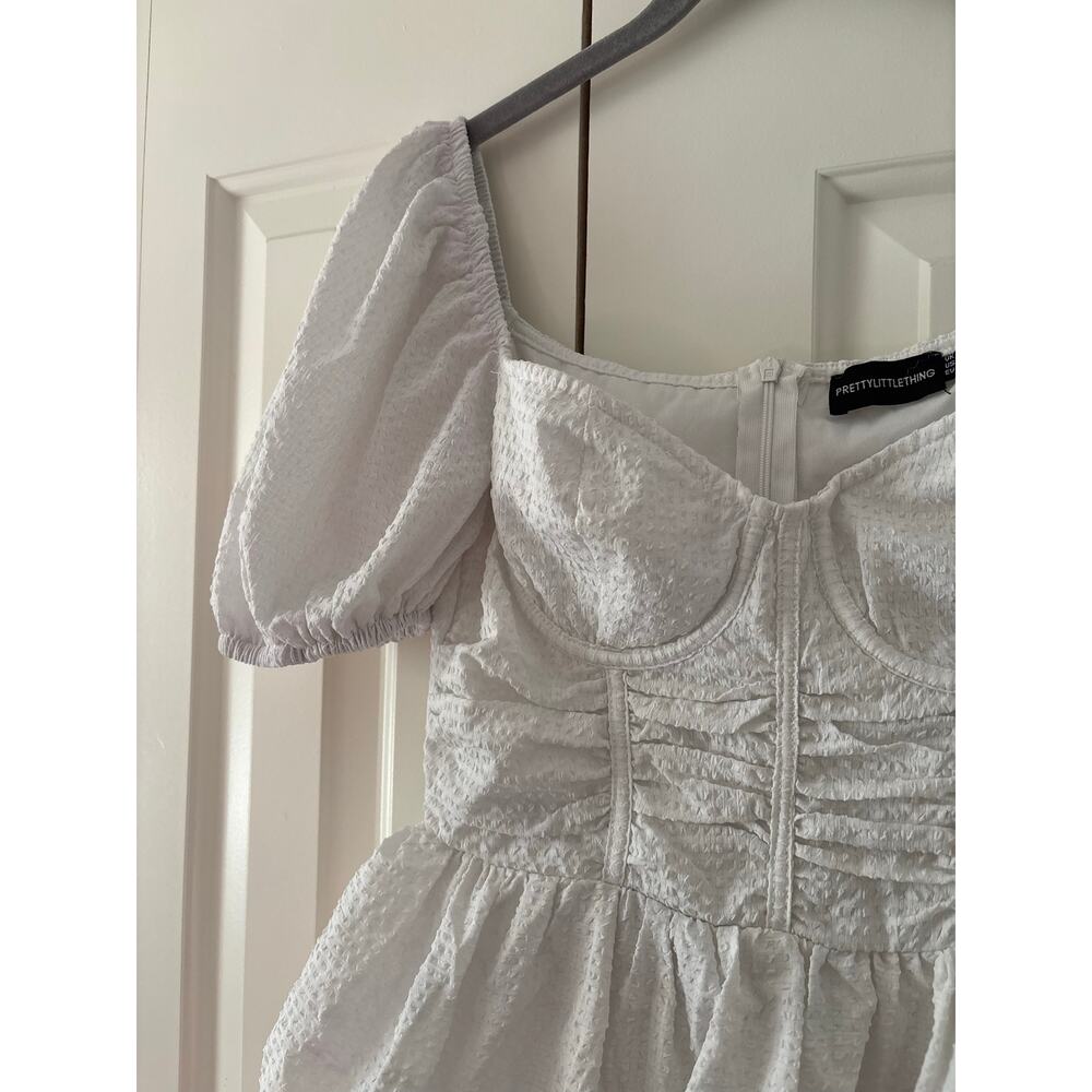 PrettyLittleThing White Textured Tiered Mini Dress Puff Sleeve Women’s US 4 XS - Picture 5 of 8